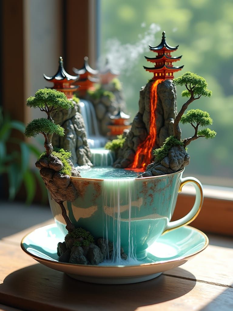 Porcelain Teacup with Miniature Landscape and Erupting Volca...