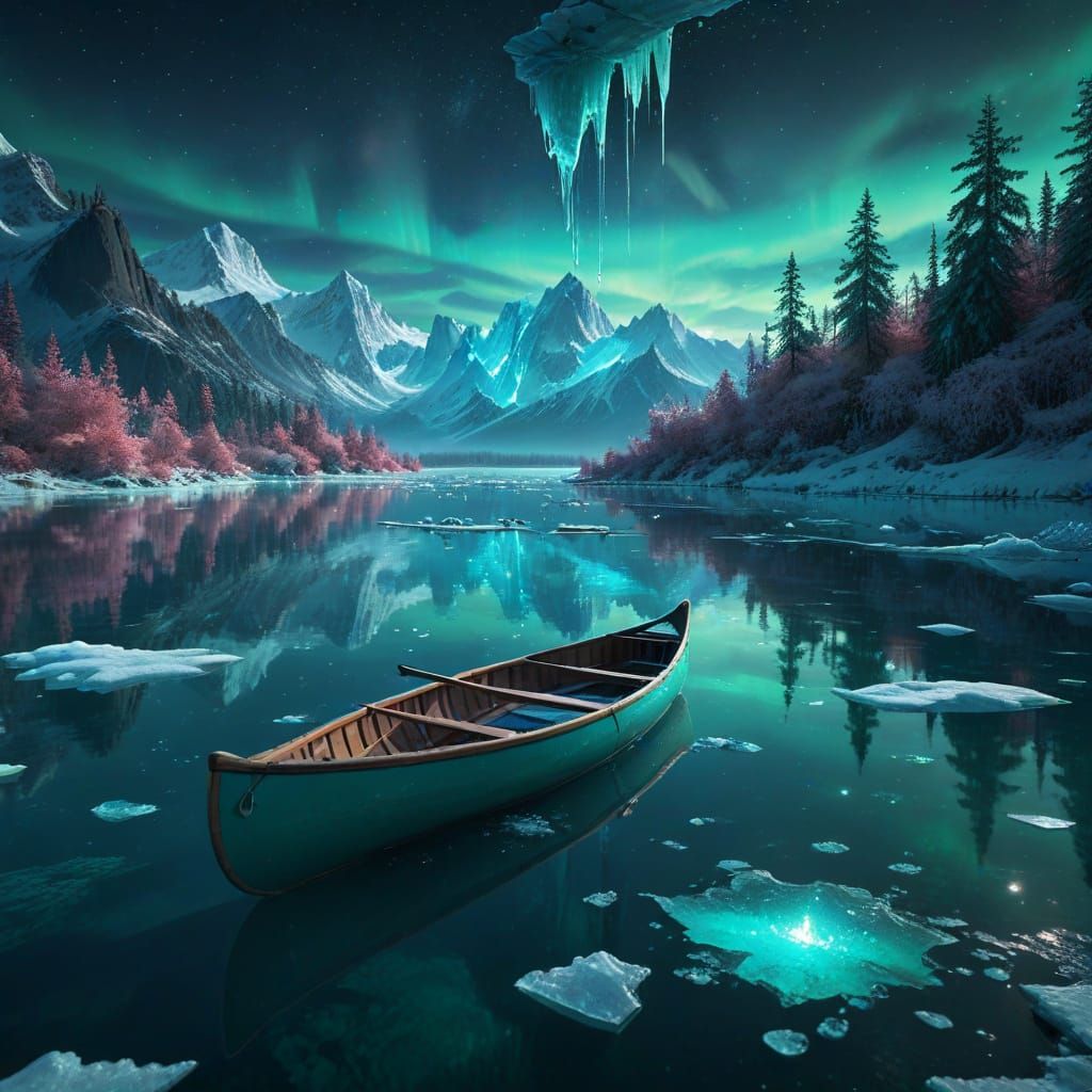 Fantasy Landscape with Canoe on Obsidian Lake