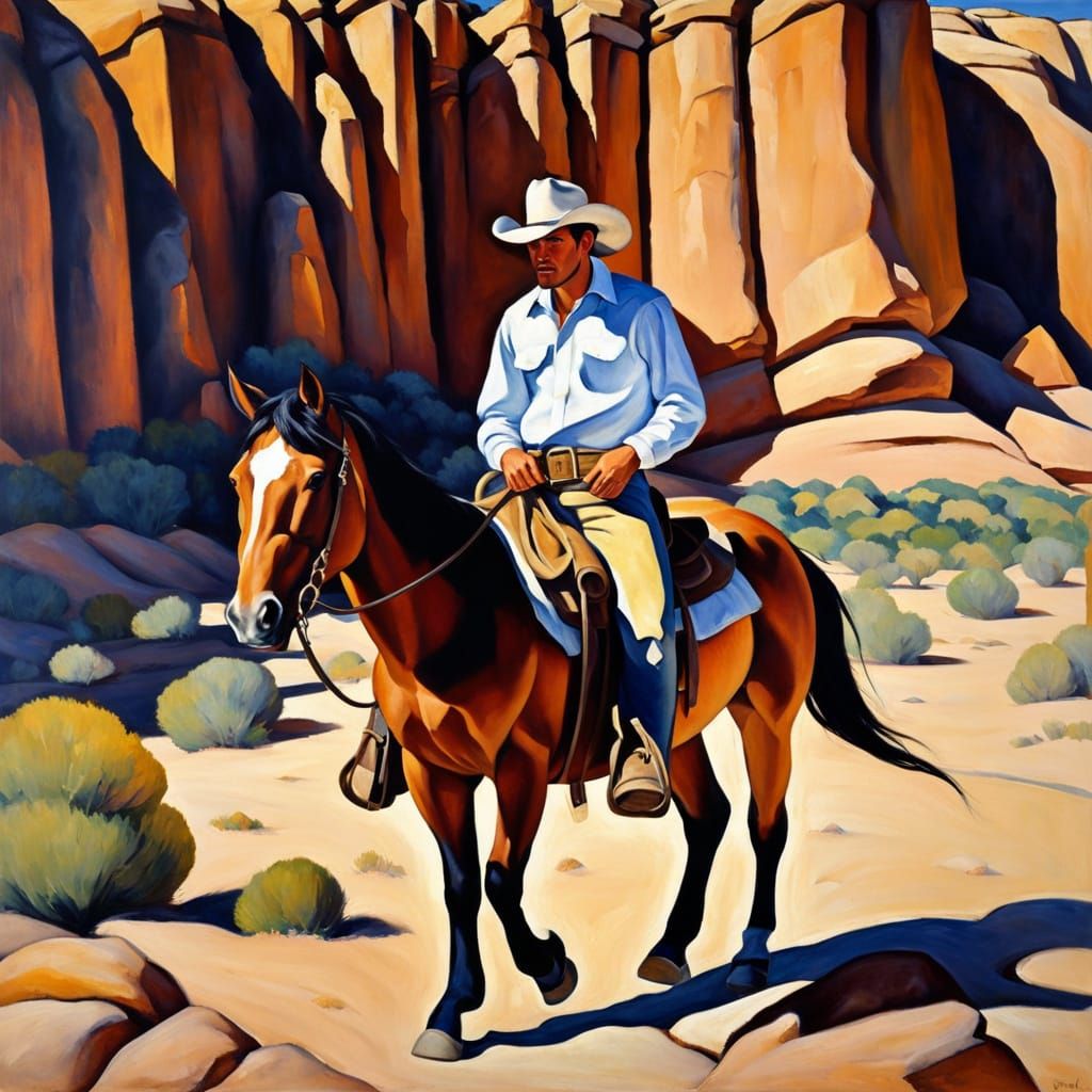 Cowboy Rides Pinto Horse in Desert, Cézanne Style