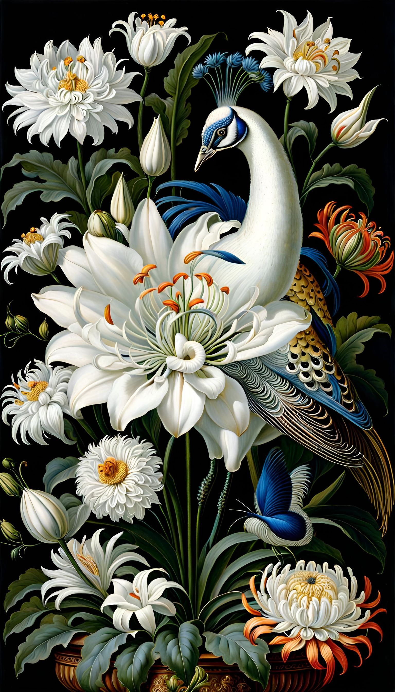 White Peacock and Chrysanthemums in Realistic Detail
