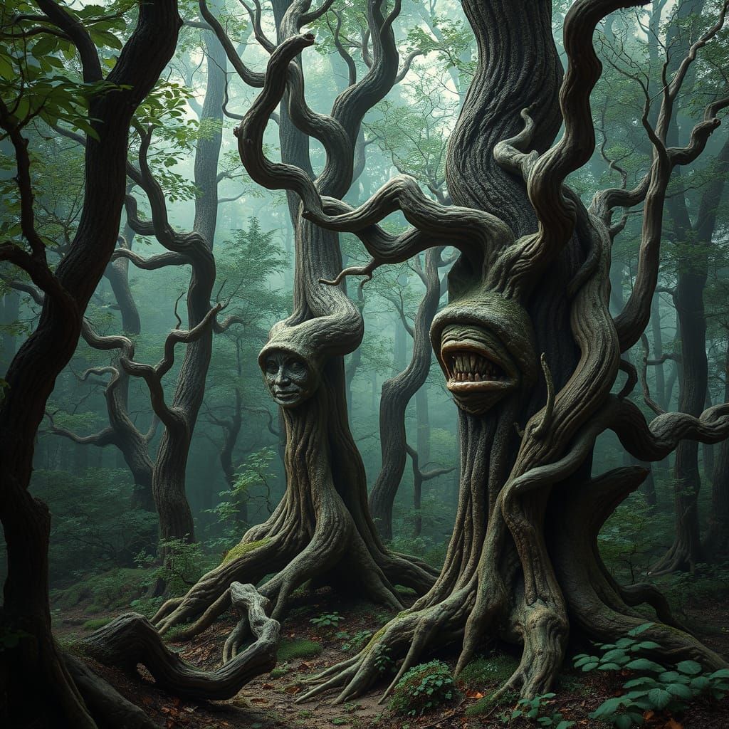 Whimsical Forest with Dreamlike Tree Faces