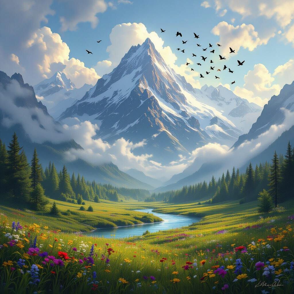 Majestic Mountain Peak Above Clouds in Sunlight