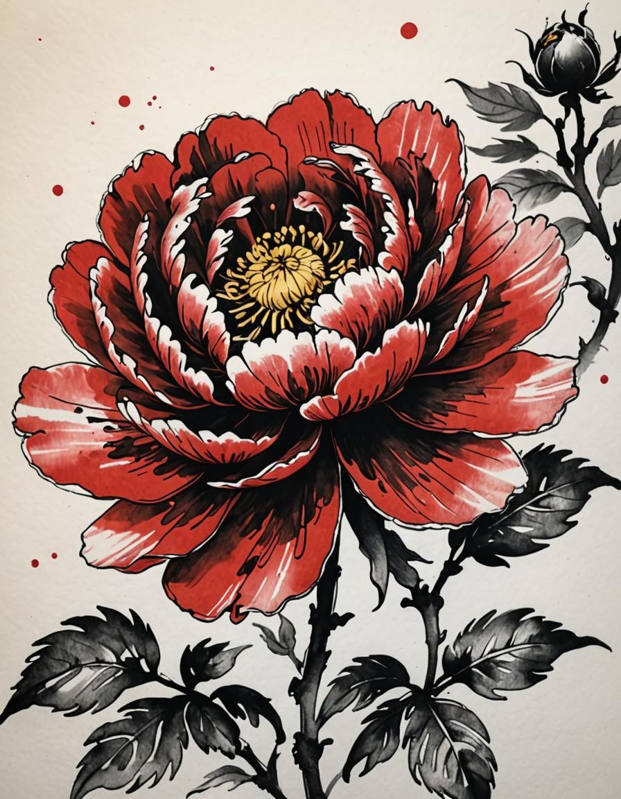 Chinese Style Peony in Black and Red Ink