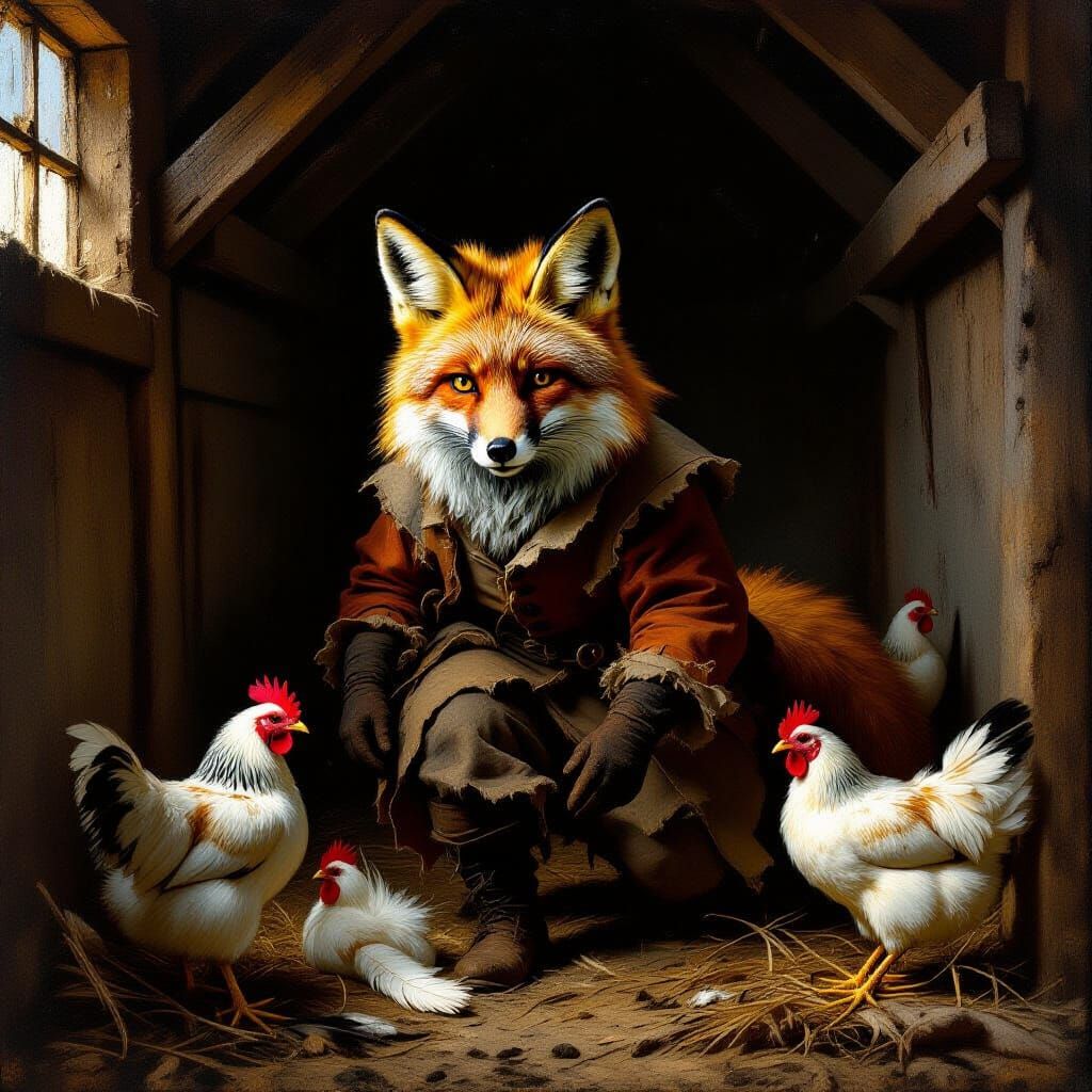Fox in Hen House Painting in Rembrandt Baroque Style