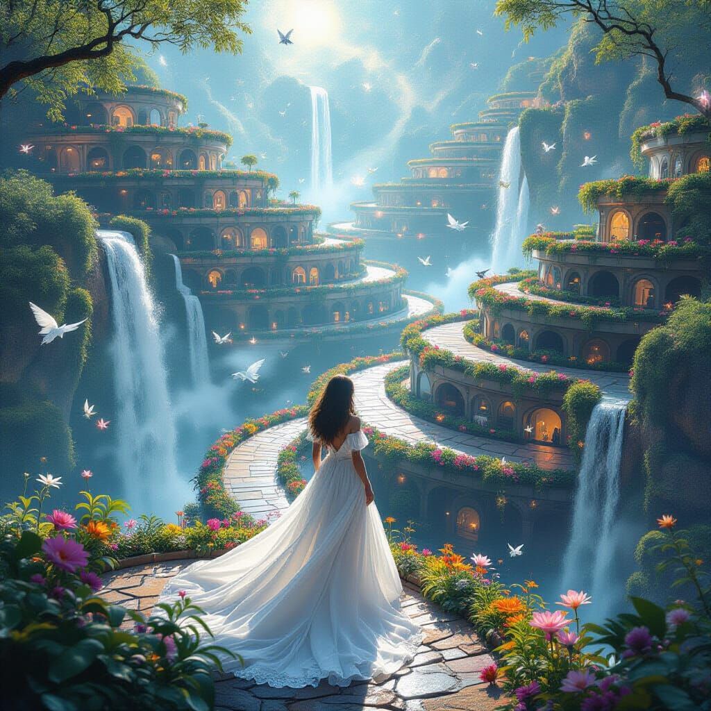 Celestial Garden With Luminous Flowers and Waterfalls