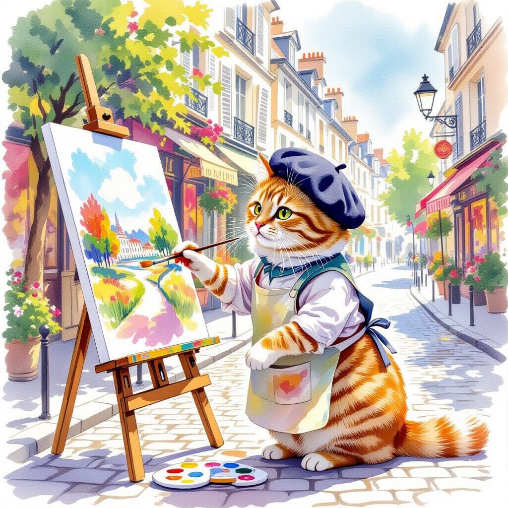 Ginger Tabby Cat Painting in Paris, Watercolor Style