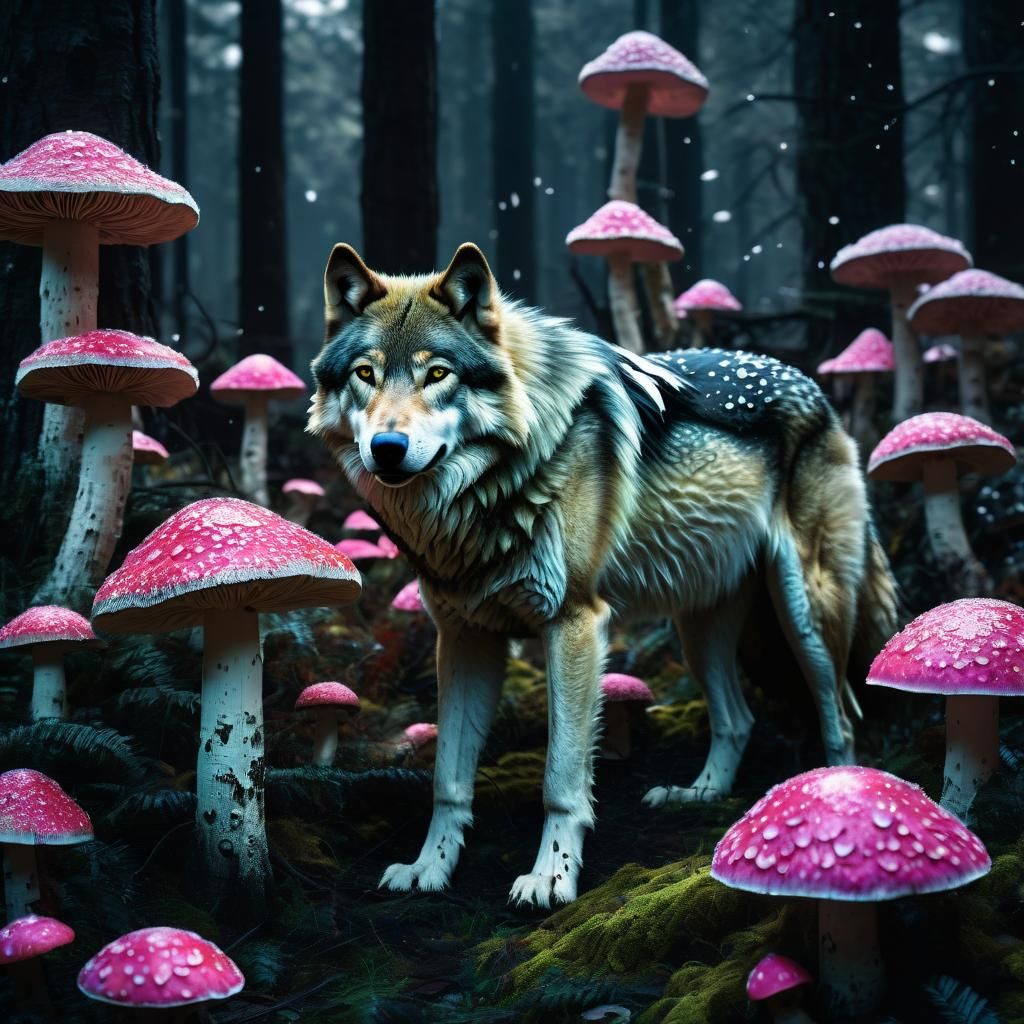 Fluorescent Wolf in a Mushroom Fantasy Forest