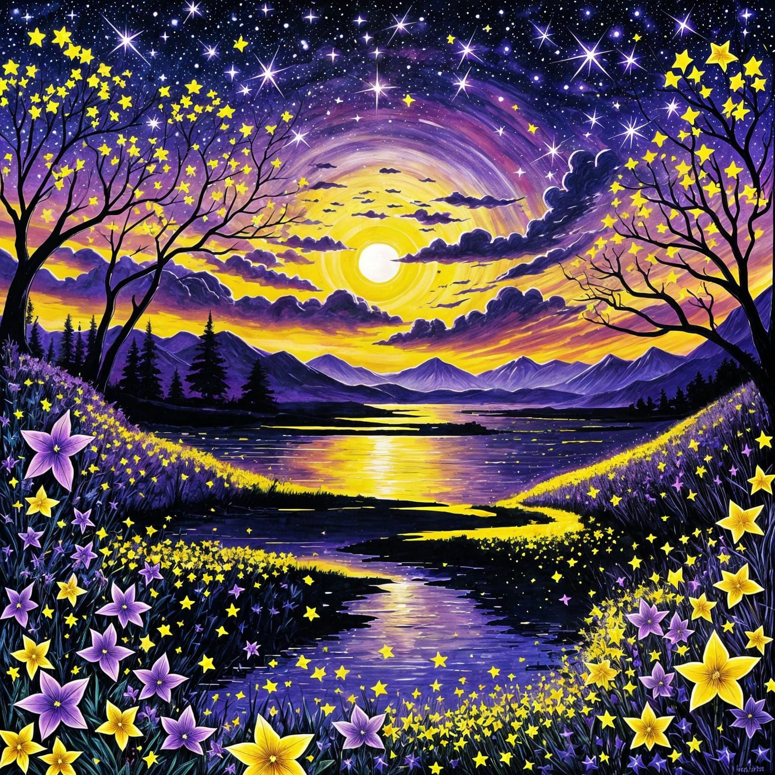 Purple and Yellow Sunset with Sparkles and Moonlight