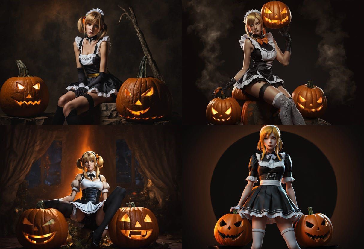 Samus Aran in French Maid Outfit Sitting on Jack O'Lantern