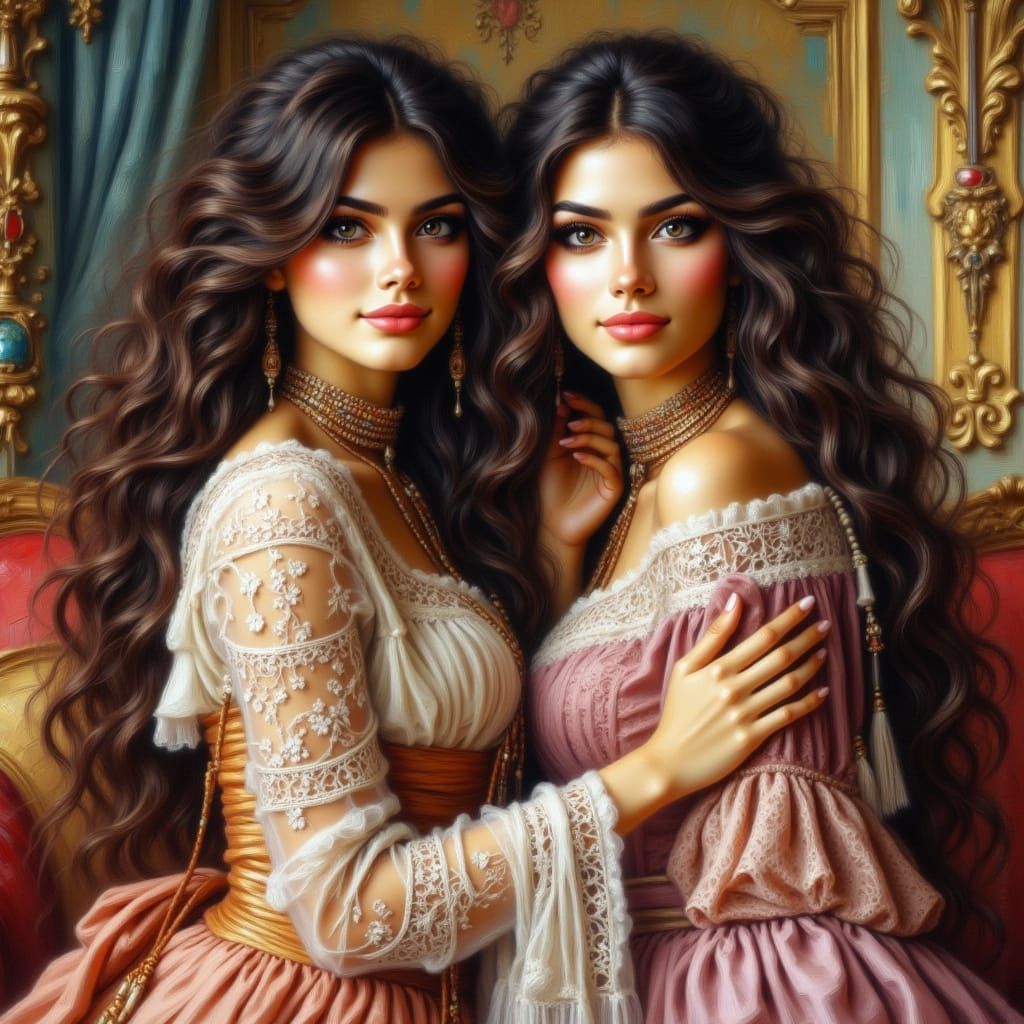 Sisters in Opulent Gilded Age Attire