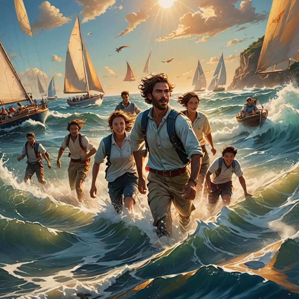 People Crossing Sea in Hyper-Realistic Splash Art