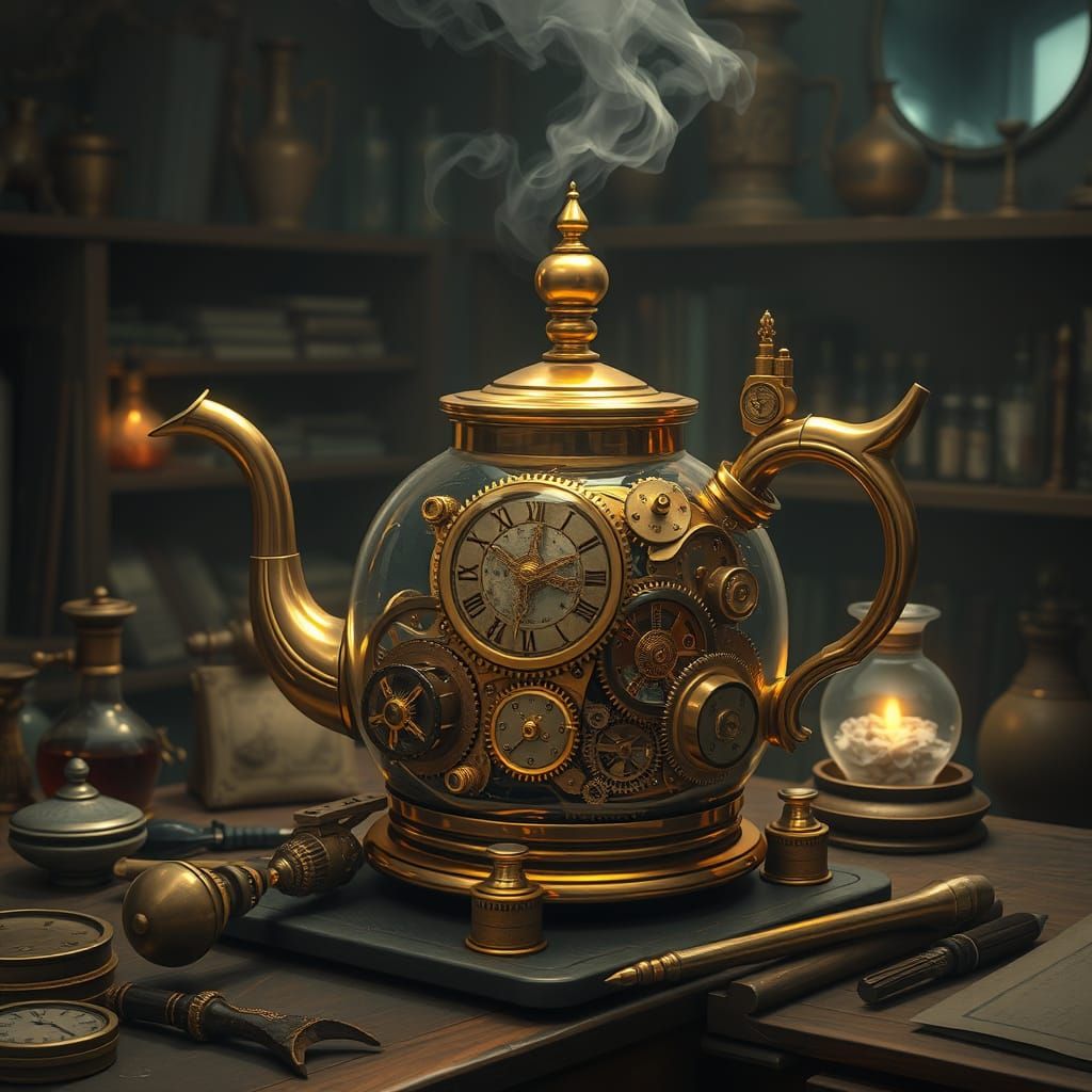 Steampunk Brass Teapot Brewing Time in Alchemist Study