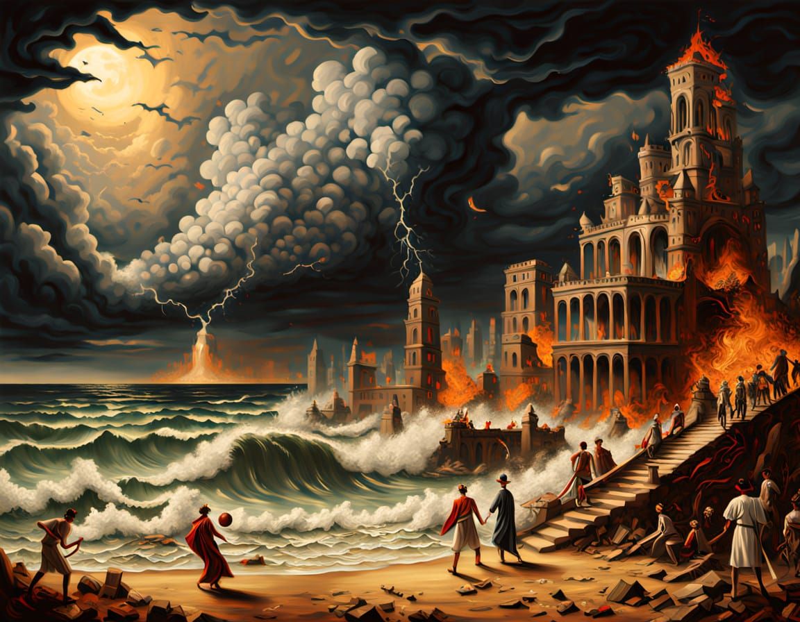 Teenage Boys Play Baseball Amidst Ruins and Surreal Elements