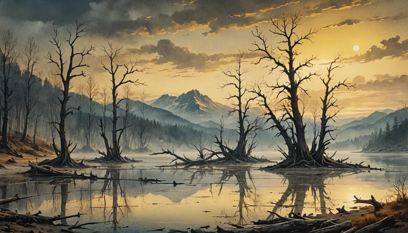 Romanticism Landscape with Dead Trees and Frozen Lake