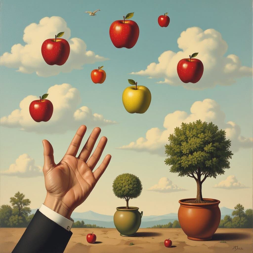 Surrealist Apples and Dreamlike Skies in Hand-Printed Style