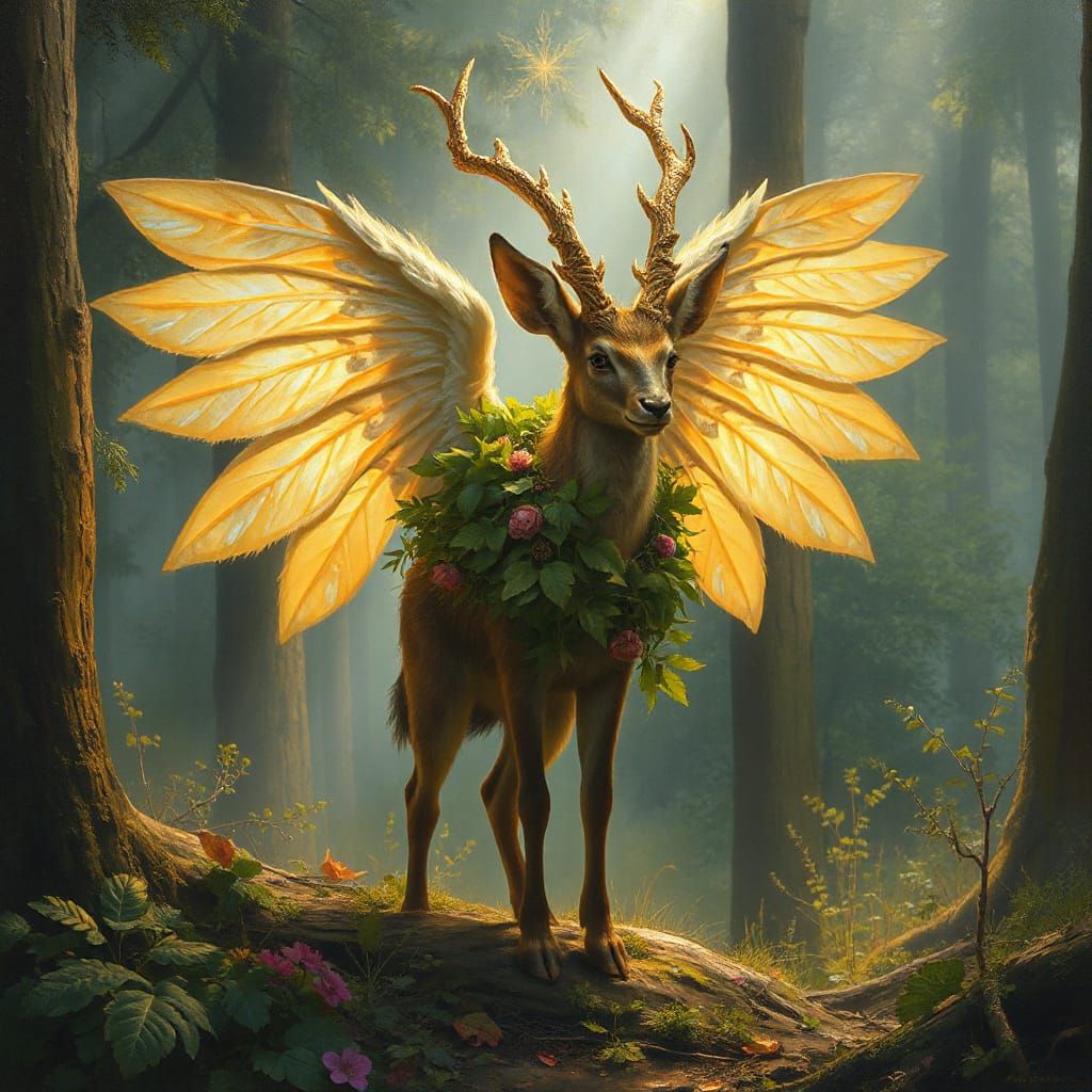 Winged Jackalope in Misty Forest, Oil Painting Style