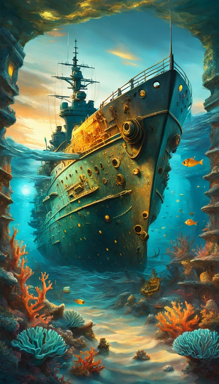 Deep beneath the waves, a mighty warship lies in its eternal...