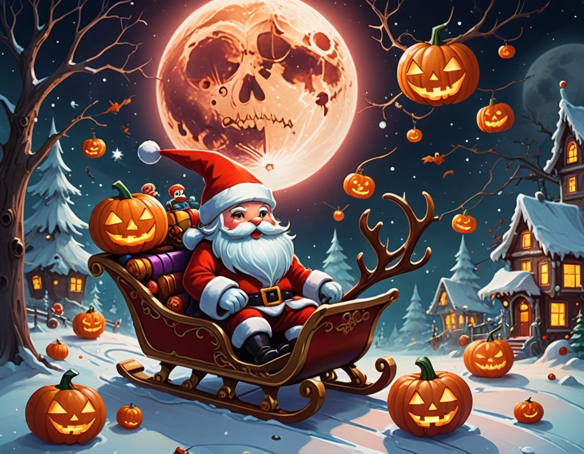 Kawaii Chibi Santa and Skeleton Reindeer in Moonlight