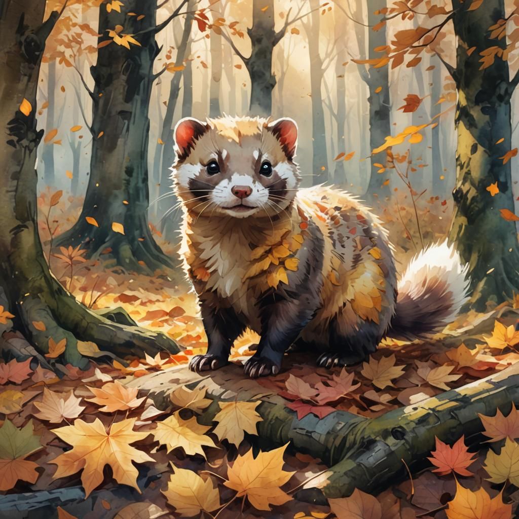 Whimsical Autumn Ferret in Anime Style