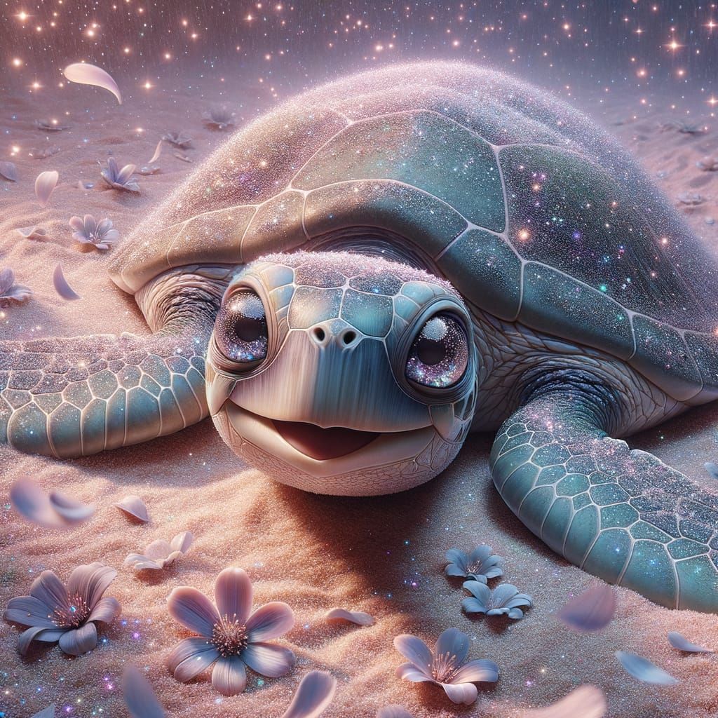 Joyful Teal Sea Turtle on Glittering Beach