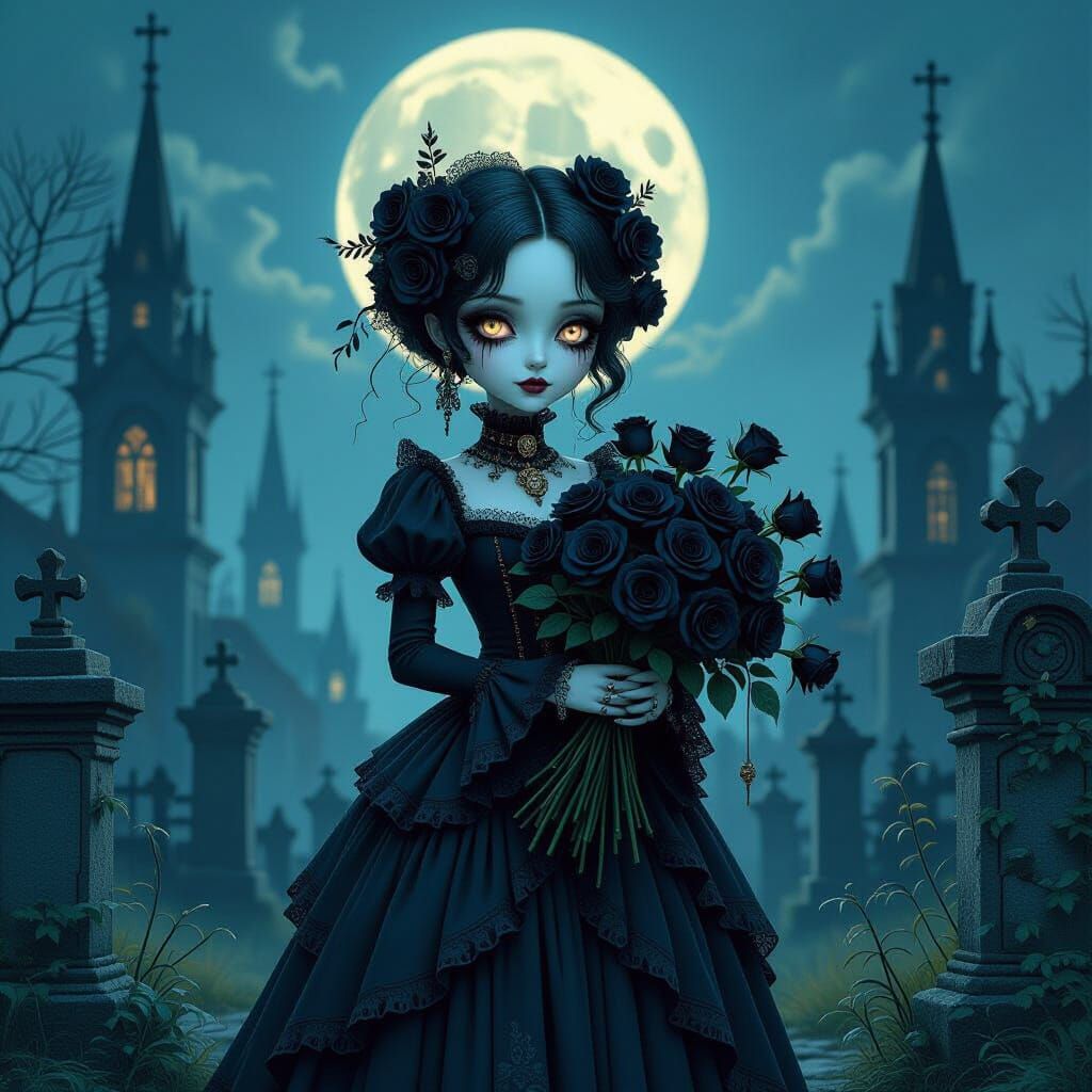 Goth Automaton with Black Roses in Moonlit Cemetery