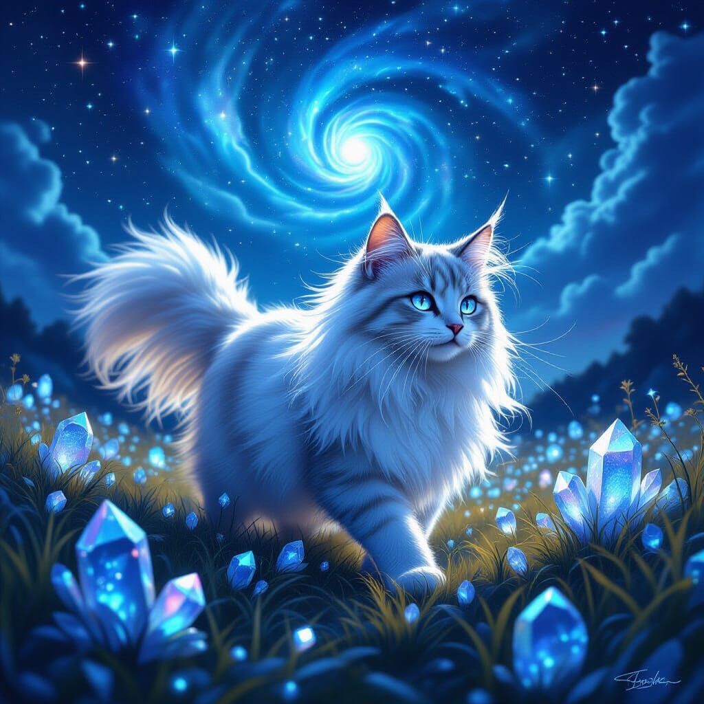 Moonlit Cat Prowling Through Moonstone Field