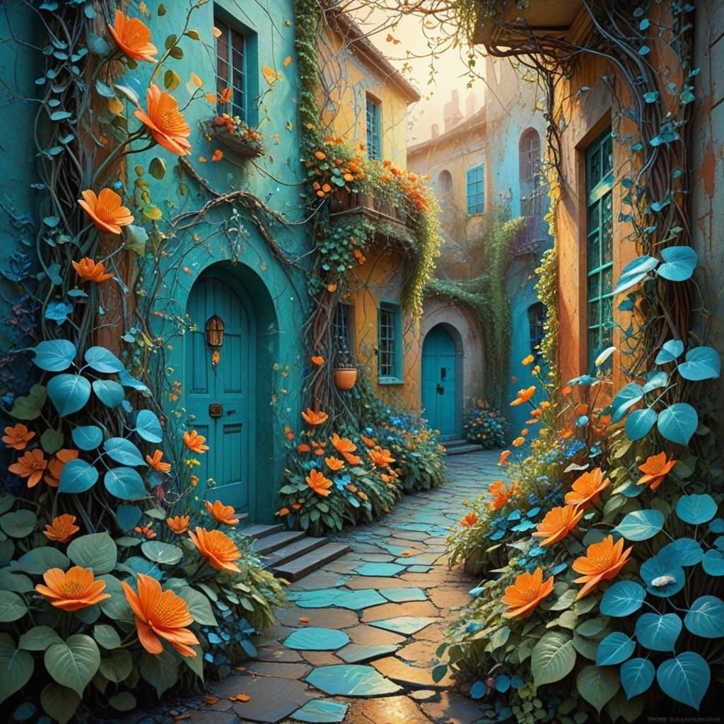 Whimsical Alley Scene in Abstract Expressionism Style