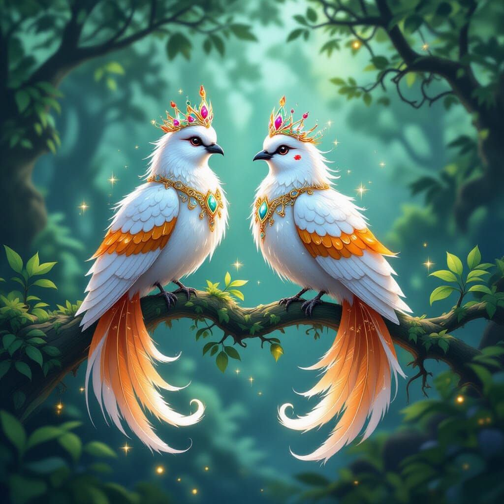 Elegant Fantasy Birds with Jeweled Crowns in Magical Forest ...