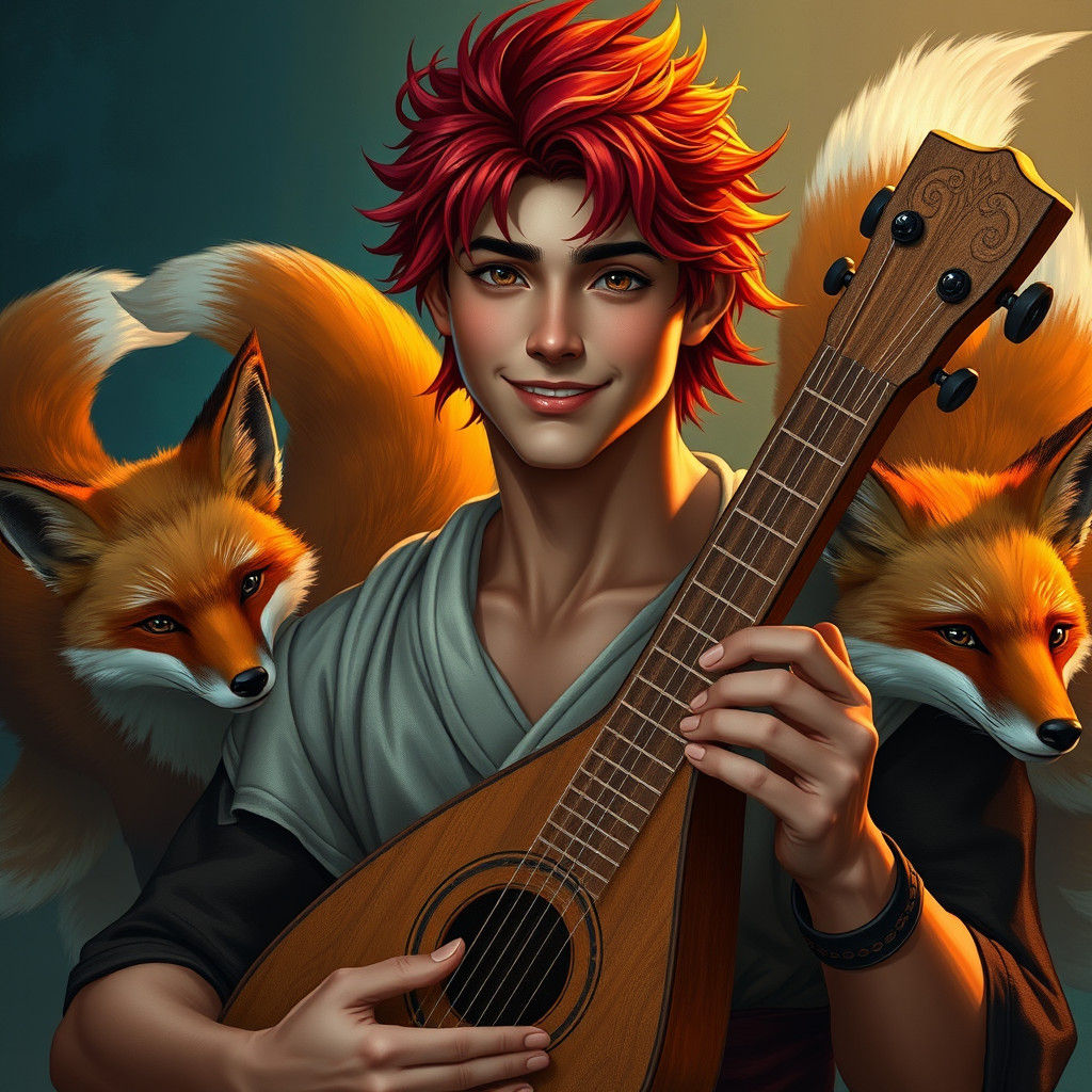 Fantasy Bard with Foxes in Matte Painting Style
