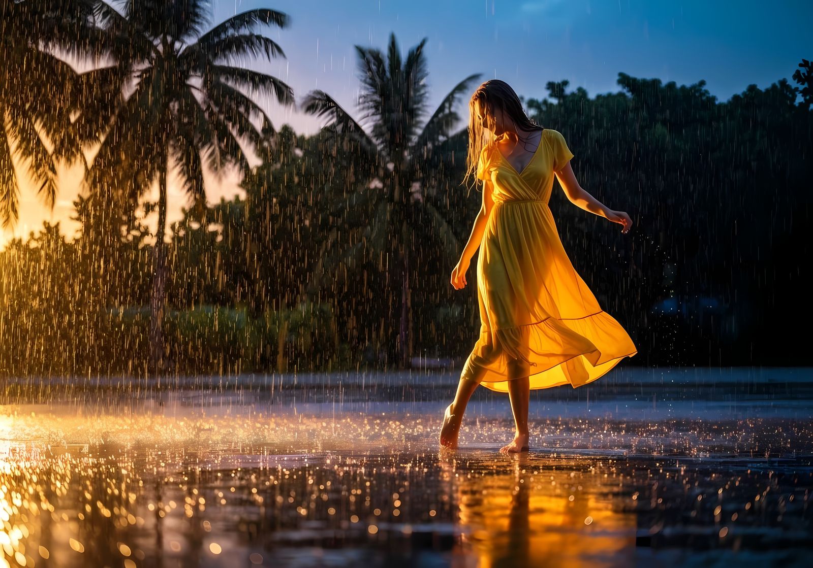 Woman Dances in Summer Rain at Sunset