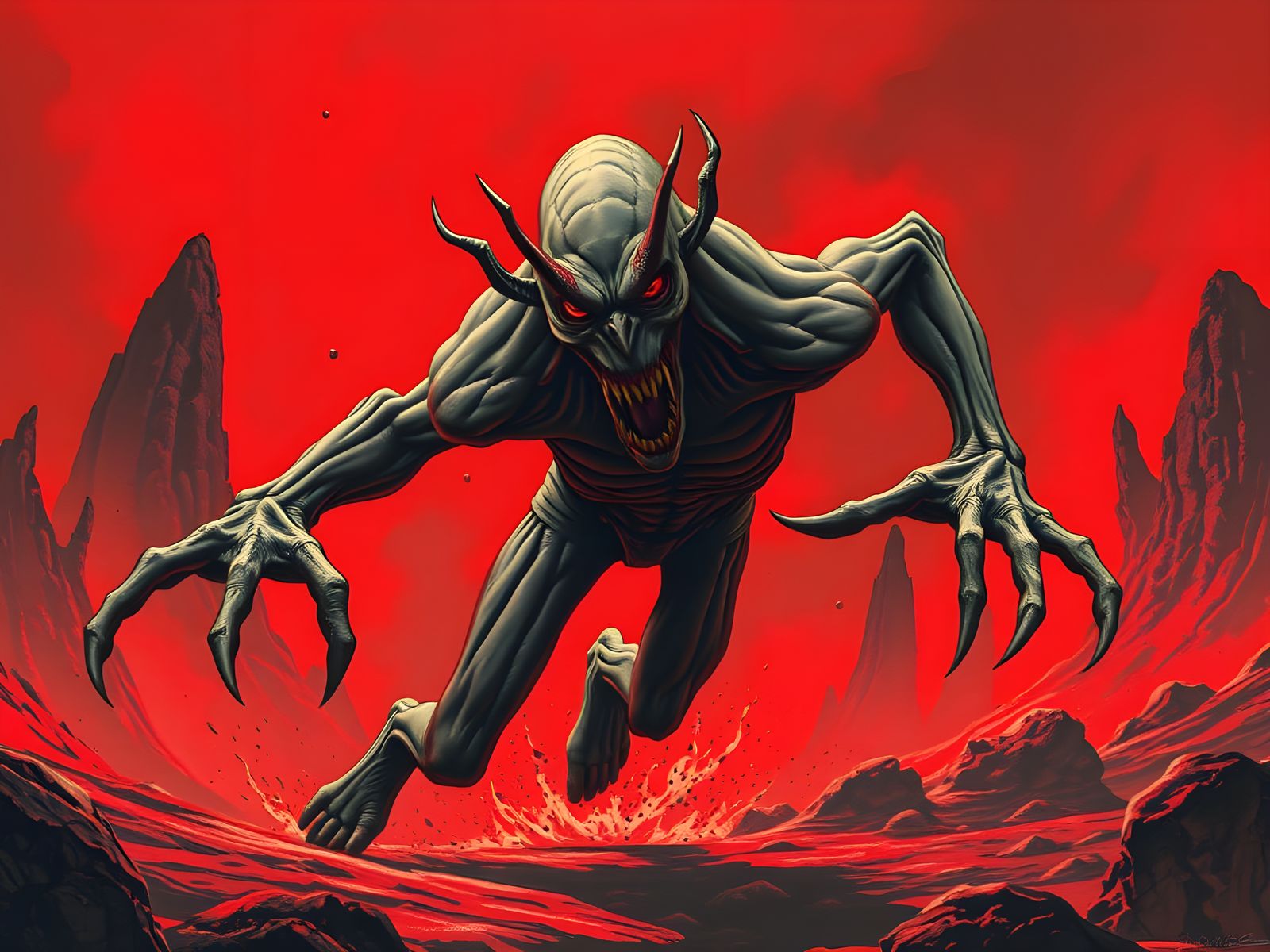 Grotesque Horror Figure Running Through Crimson Hellscape