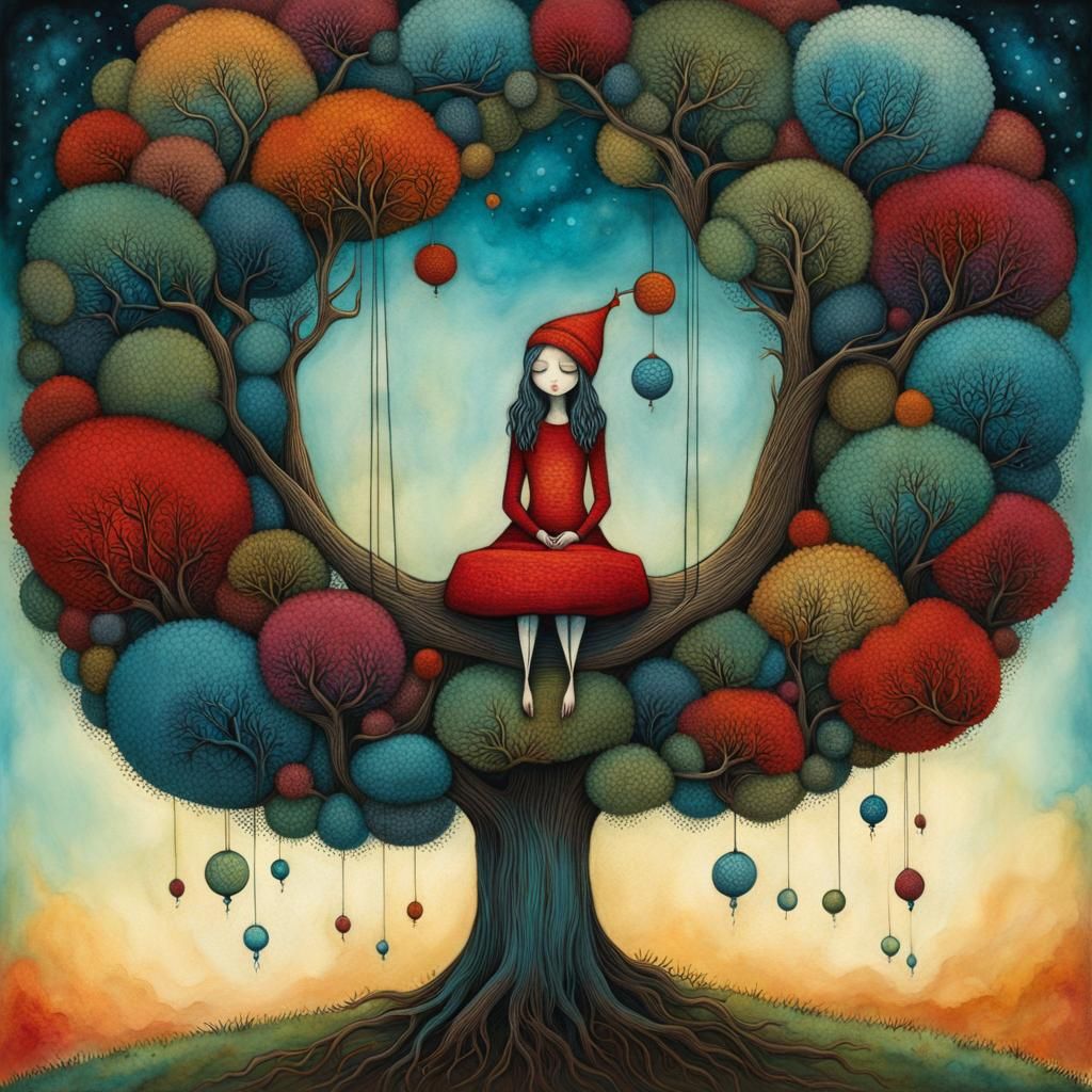 Girl Knitting Upside Down in Watercolor Style