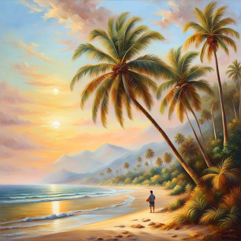 Beach Boulevard Seascape Painting with Palm Trees