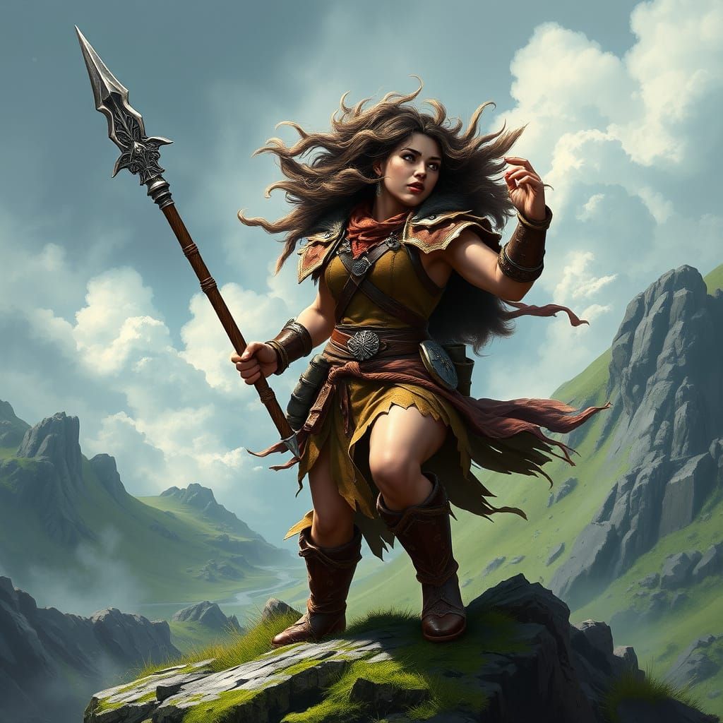 Fierce Female Barbarian Warrior in High-Fantasy Landscape
