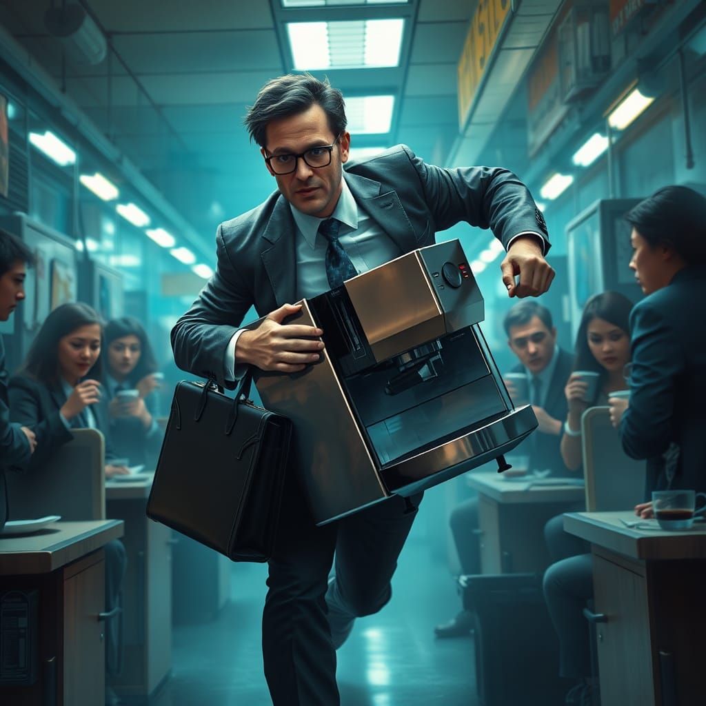 Office Worker's Coffee Machine Escape: 8k Matte Painting