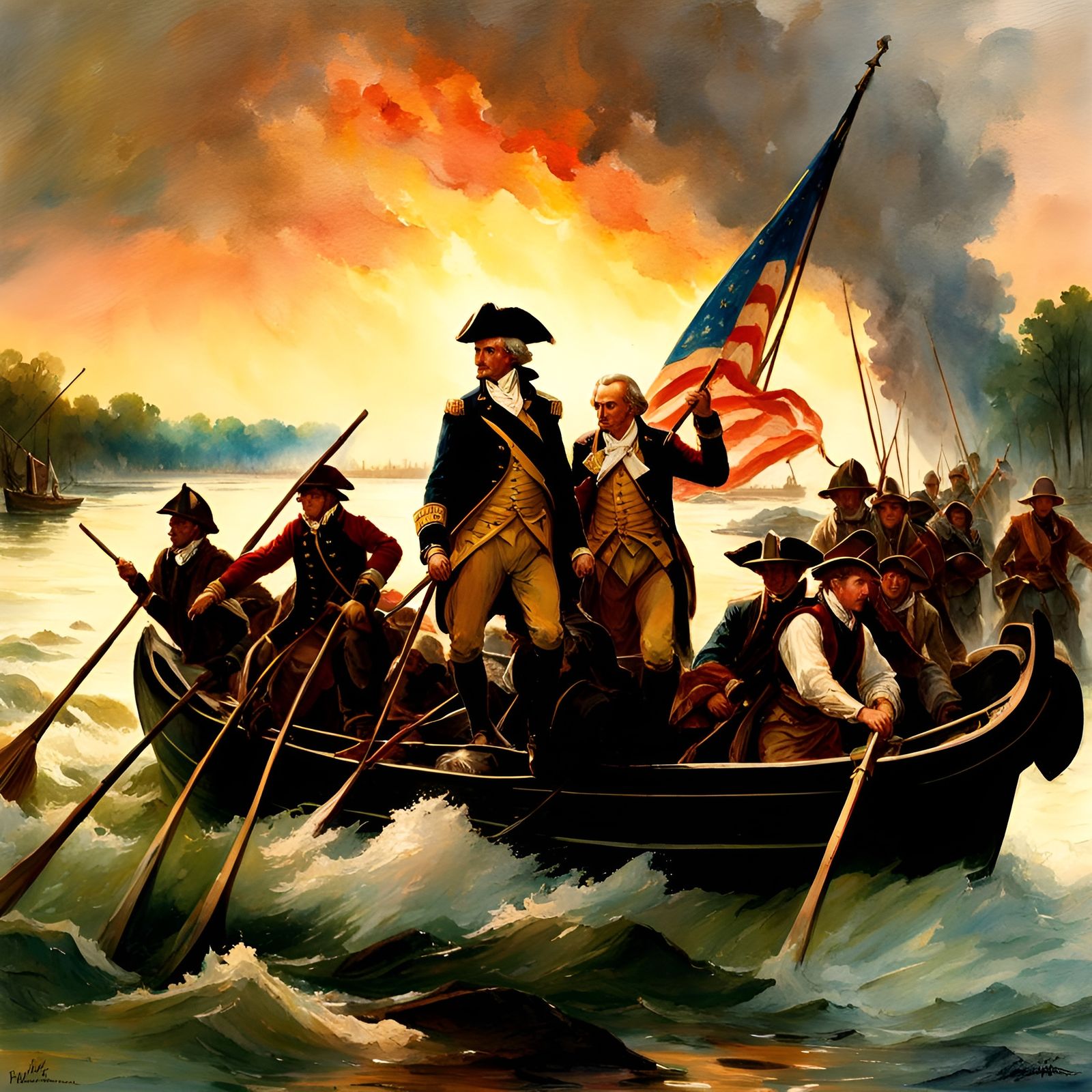 Washington Crossing Delaware in Watercolor Style