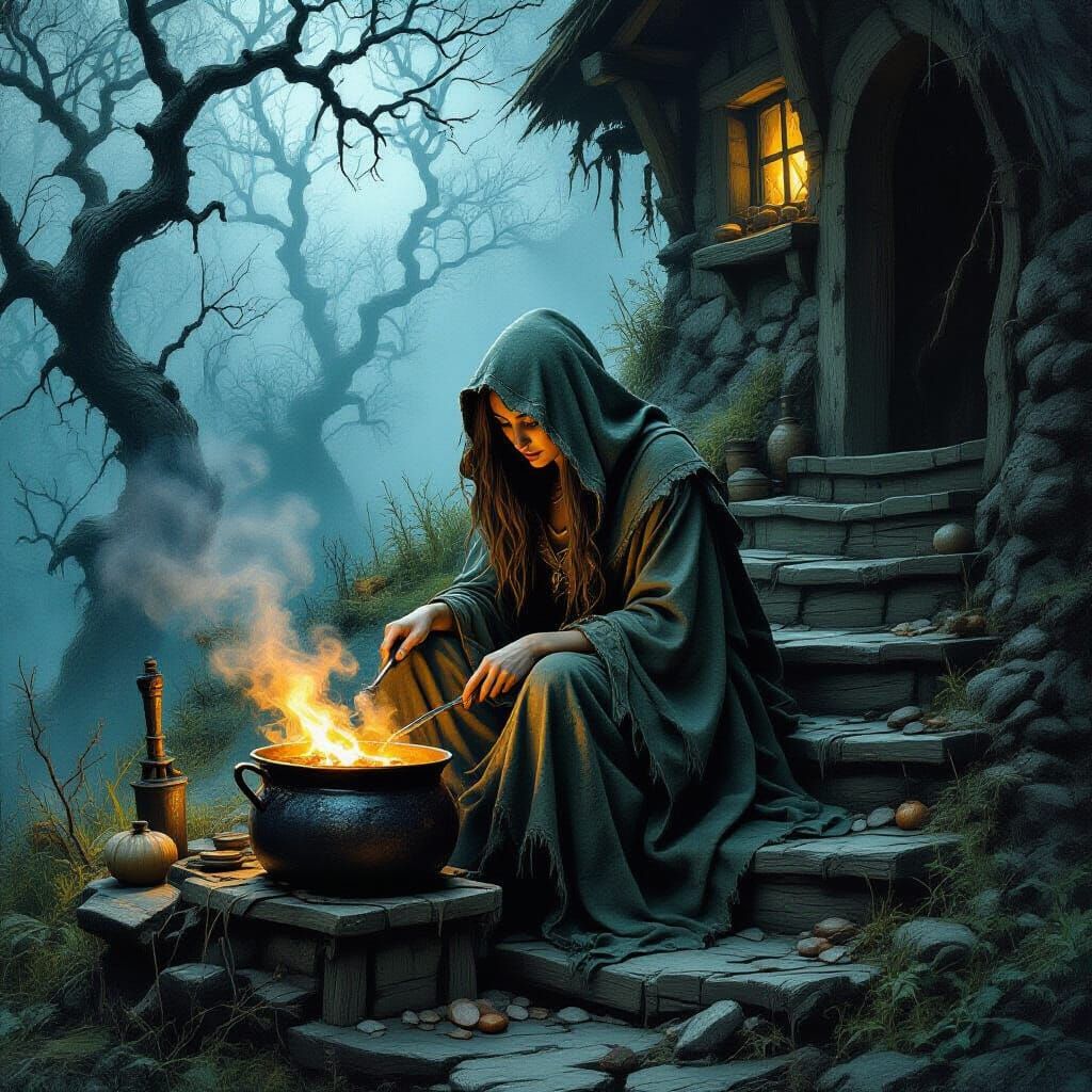 Mysterious Witch Cooking in Dark Forest Hut