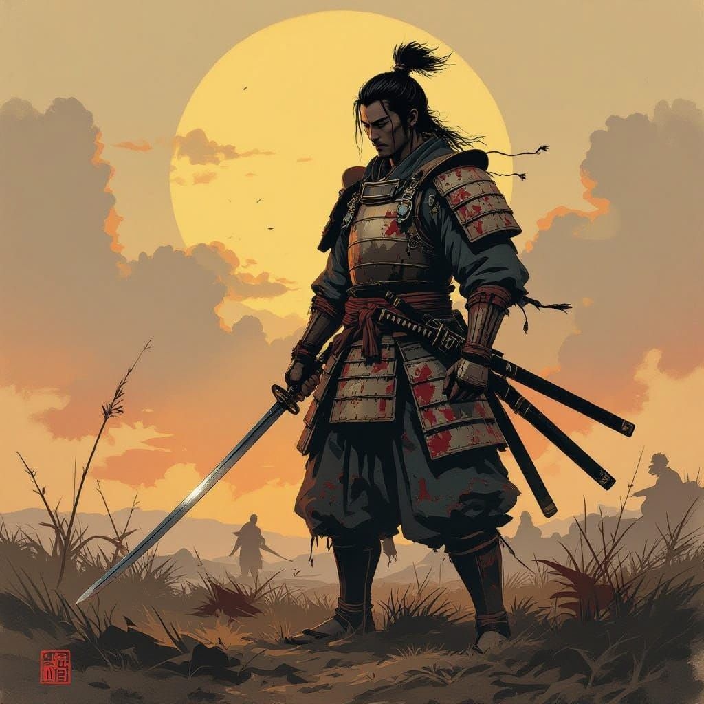 Last Samurai Warrior Stands Resolute Amidst Battle Ruins in ...
