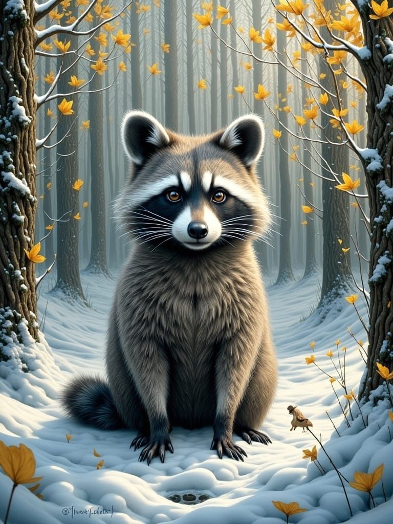 A Whimsical Raccoon in a Serene Winter Wonderland