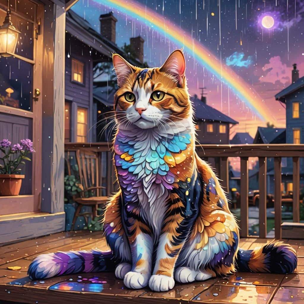 Calico Cat in Rain, Holographic Astral Cosmic Illustration