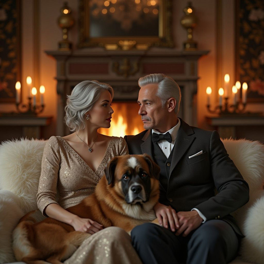 Cozy Couple Relaxing by Fireplace with Dog