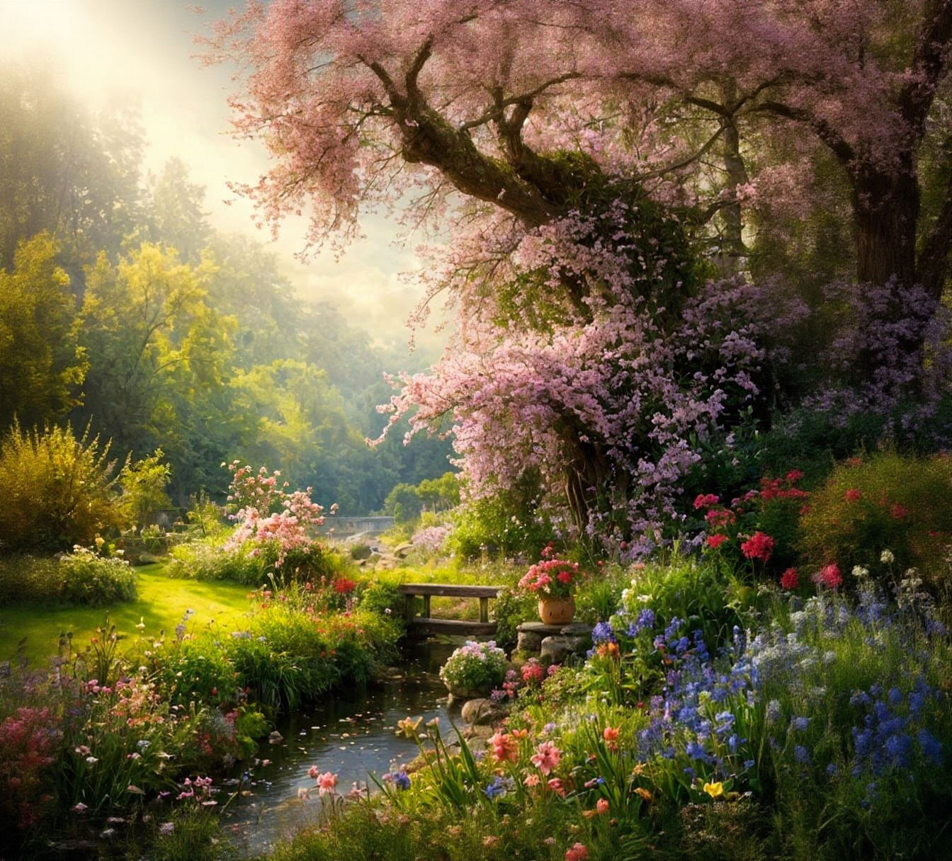 Vibrant Spring Garden Scene in Dreamlike Hyperrealism