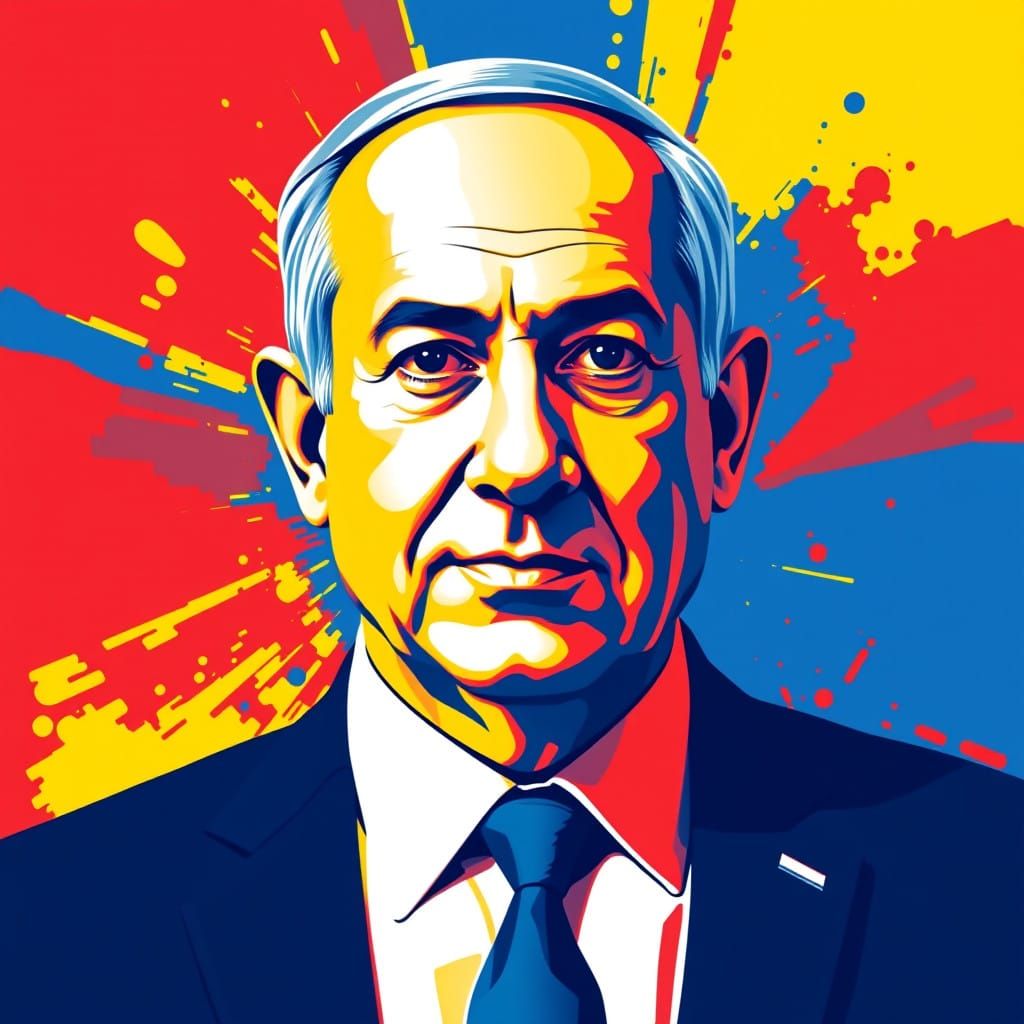 Bold Portrait of Benjamin Netanyahu in Graphic Pop Art Style