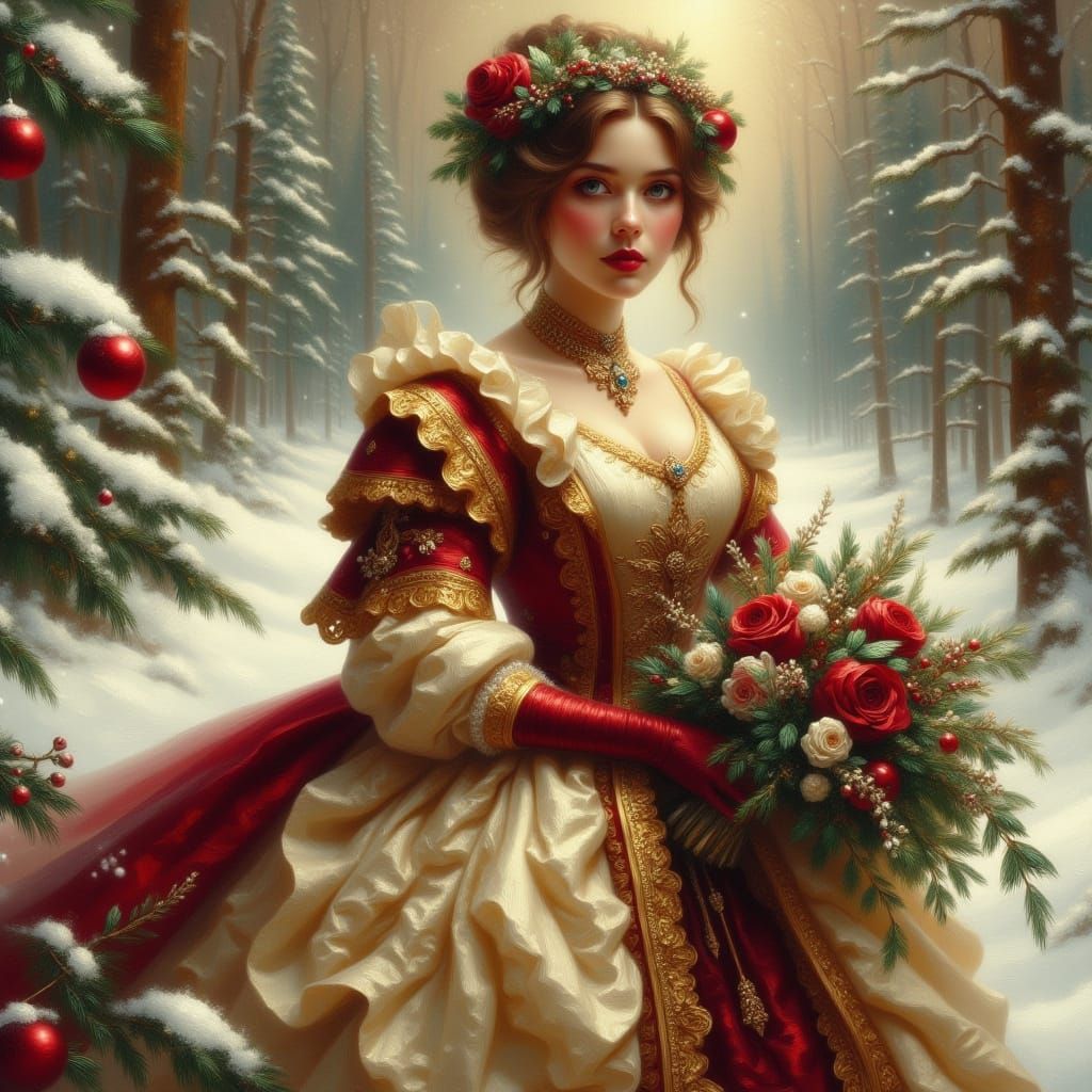 Victorian Woman in Festive Christmas Gown