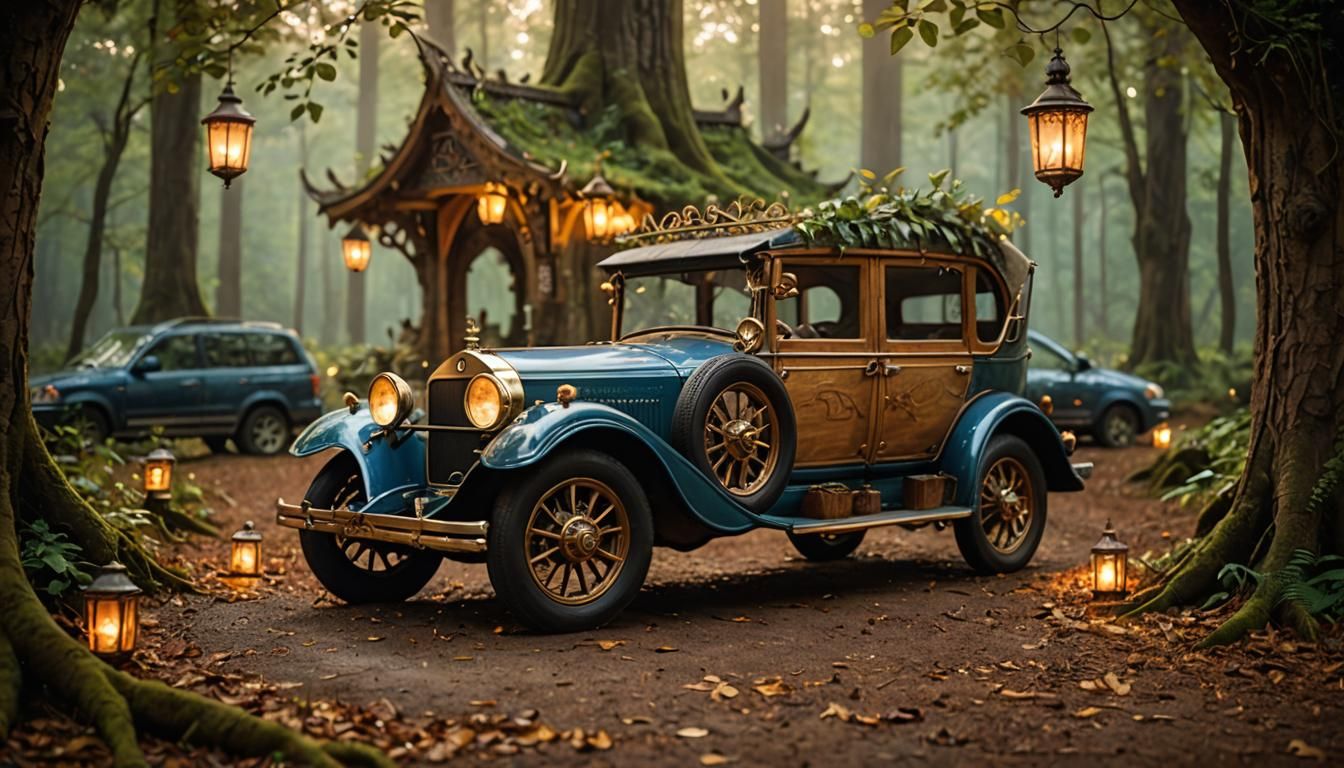 Elven Car in Mystic Forest: Fantasy Automotive Photography