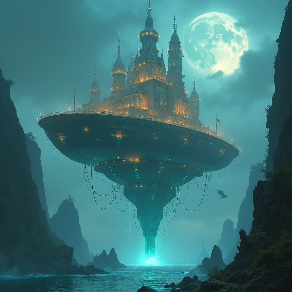 Surreal Floating City with Bioluminescent Architecture