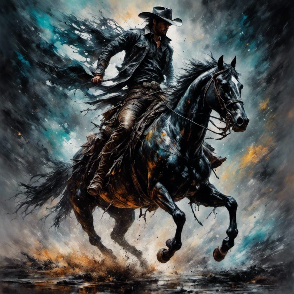 Cowboy Rides into Storm, Gritty Oil Painting
