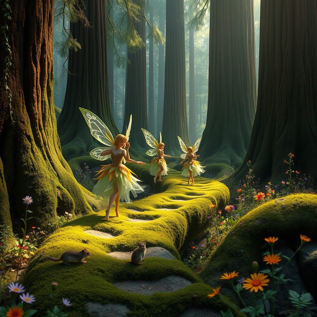 Whimsical Redwood Fairies in Mossy Paradise