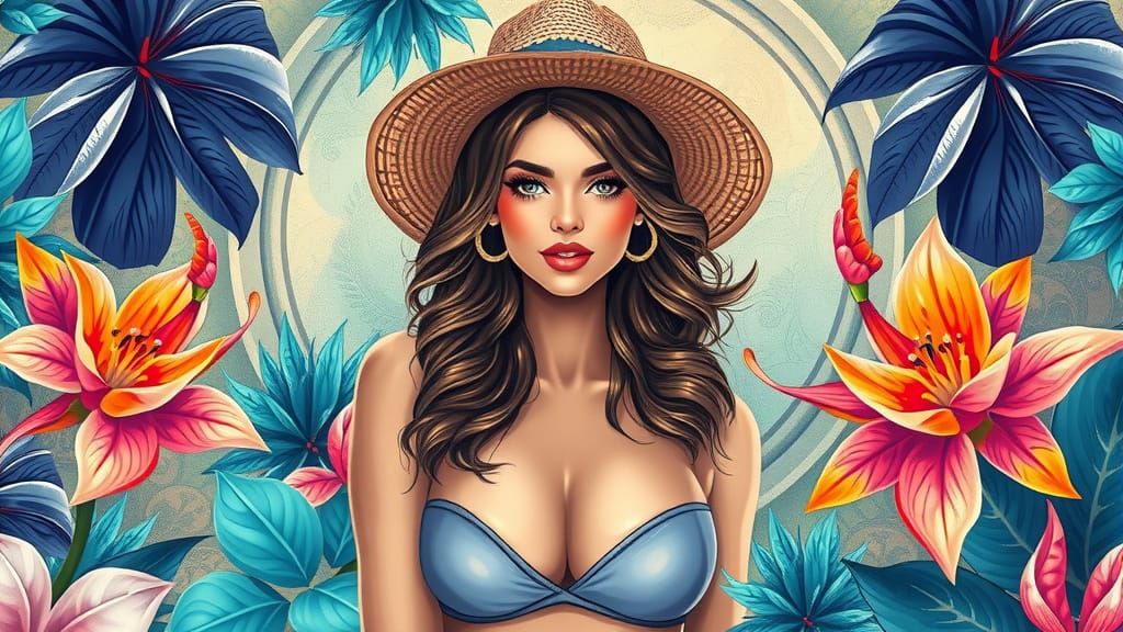 Woman in Bikini with Geometric Botanical Art