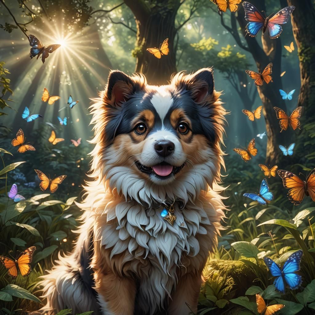 Adorable Fluffy Dog in Anime Forest